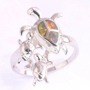 New - Orange Fire Opal Turtle With Babies Silver Ring - Size 7